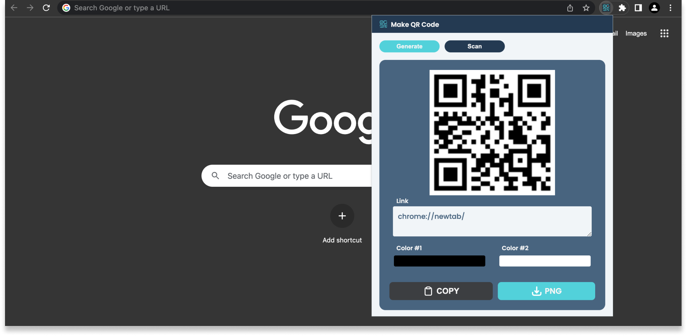 A Chrome extension pop-up with a QR code